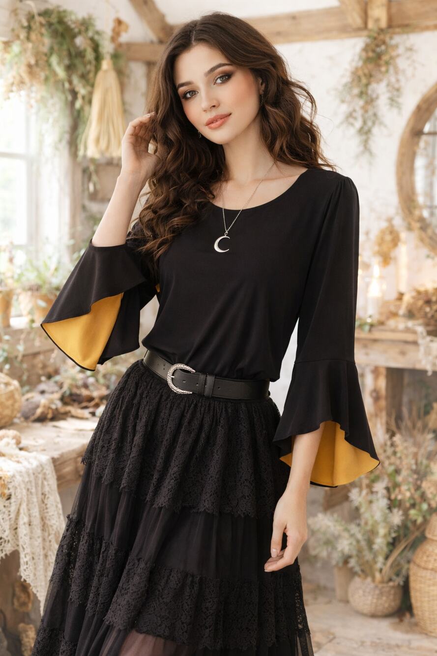 Liquid Knit Bell Sleeve Whimsigoth Top with Golden Honey Lined Cuffs